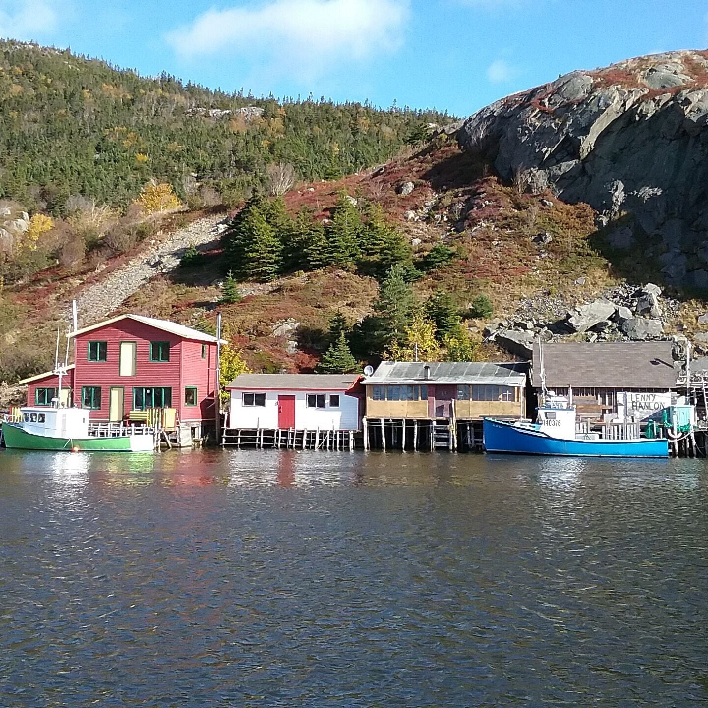 A harbor with boats docked, a red building, and a forested hillside in the background.