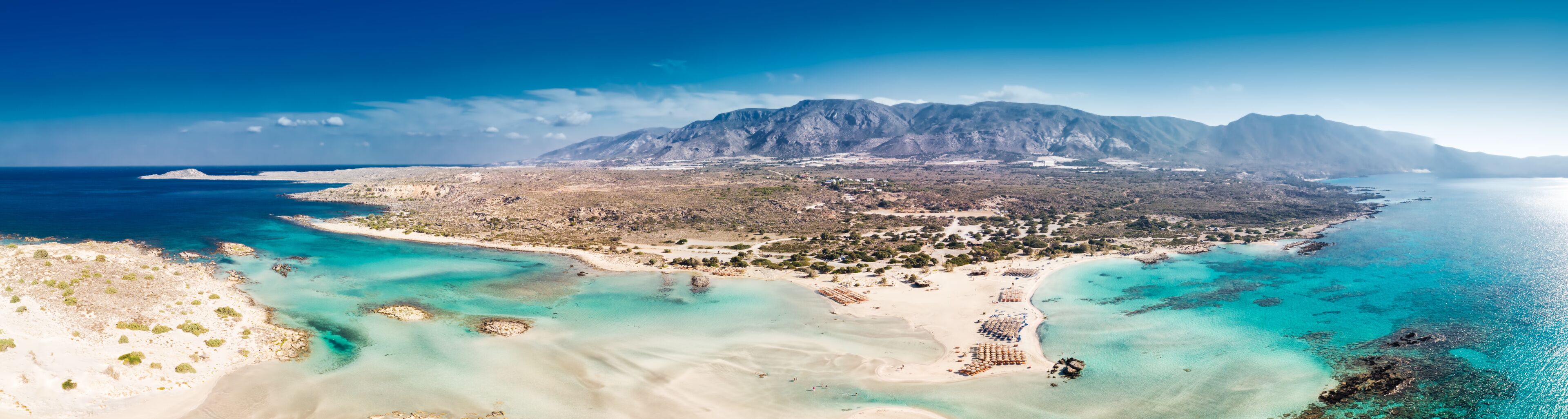 Aerial view of Elafonissi beach on Crete island with azure clear water, Greece, Europeof Elafonissi beach on Crete island with azure clear water, Greece, Europe