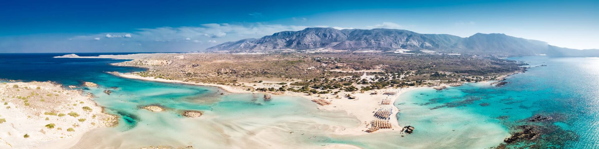 Aerial view of Elafonissi beach on Crete island with azure clear water, Greece, Europeof Elafonissi beach on Crete island with azure clear water, Greece, Europe