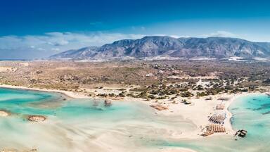 Aerial view of Elafonissi beach on Crete island with azure clear water, Greece, Europeof Elafonissi beach on Crete island with azure clear water, Greece, Europe