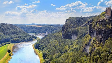Beautiful landscape, panorama, banner - view of the Elbe river and Sandstone mountains in Saxon Switzerland National Park, Germany