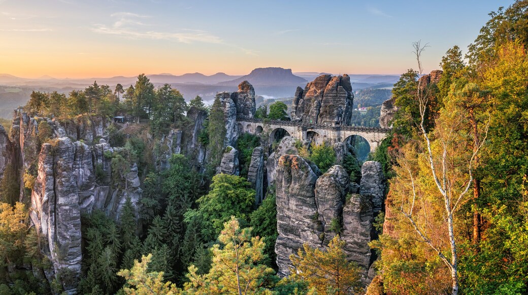 Bastei panorama at sunrise, Saxon Switzerland, Saxony, Germany
