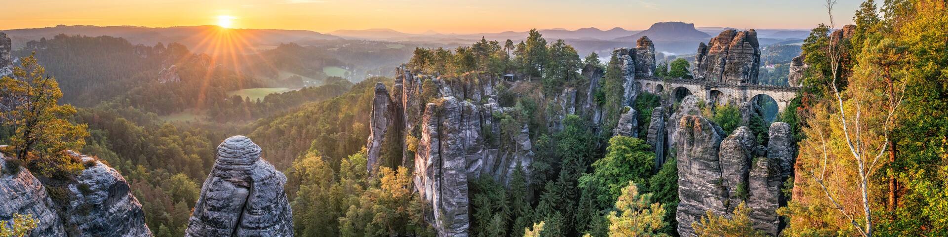 Bastei panorama at sunrise, Saxon Switzerland, Saxony, Germany