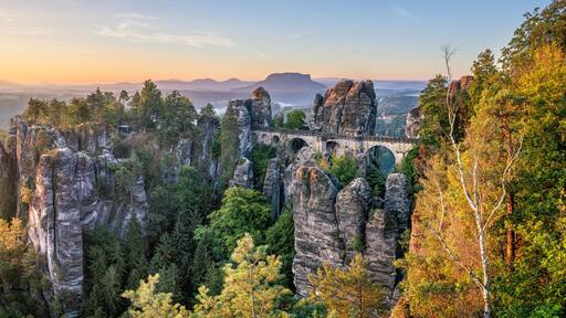 Bastei panorama at sunrise, Saxon Switzerland, Saxony, Germany
