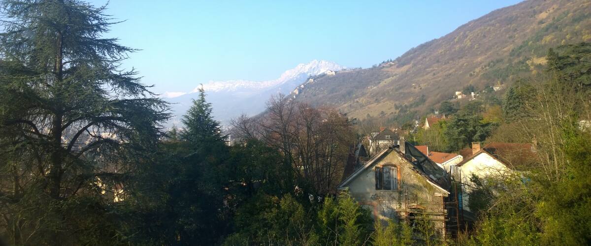 A mountainous landscape with a snow-capped peak, dense forest, and a historic building with a red roof.