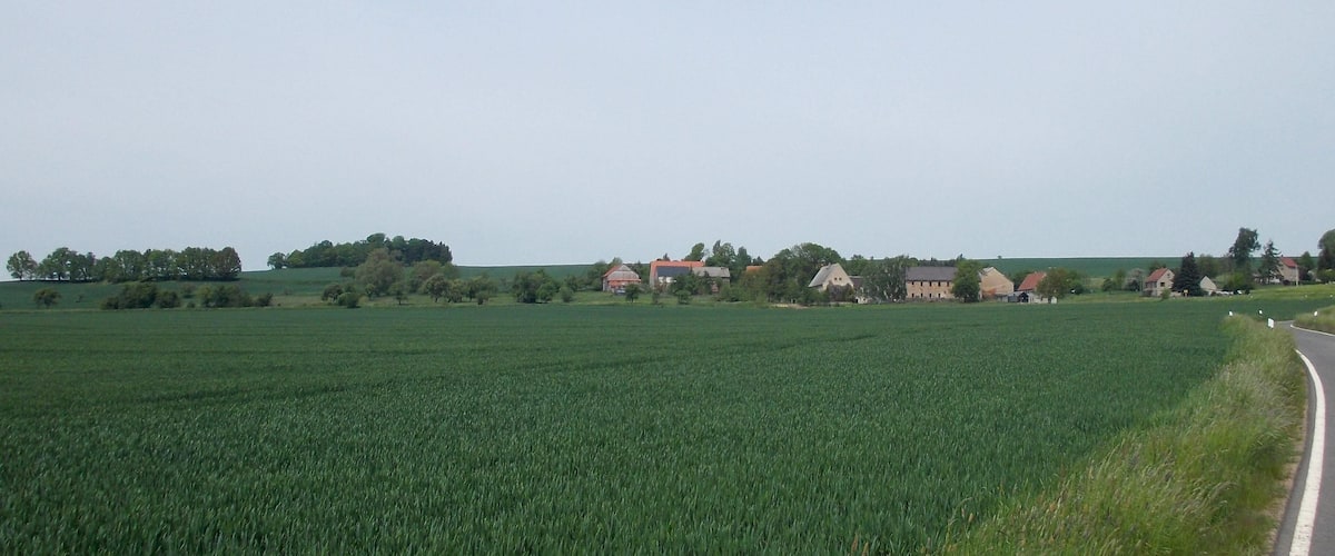 A rural landscape with a green field, a road, and several houses.
