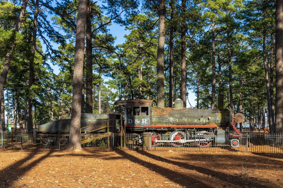 Una locomotora de tren antigua y oxidada rodeada de altos árboles en un bosque.