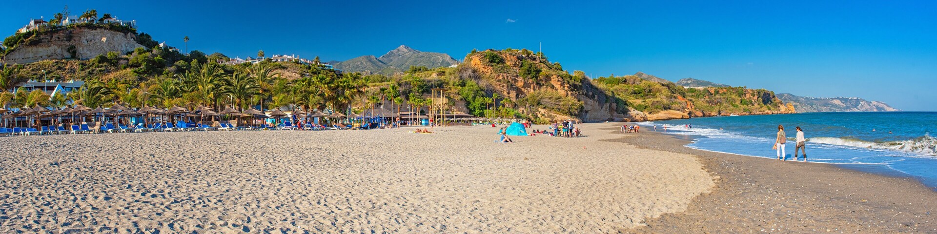 A beach with palm trees, a clear sky, and mountains in the background.