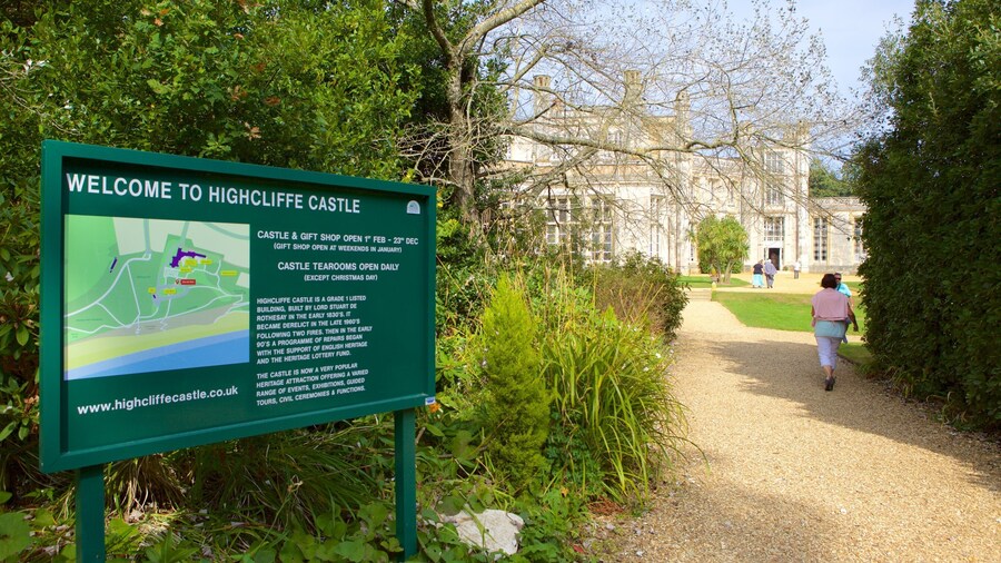 Highcliffe Castle showing a park and signage