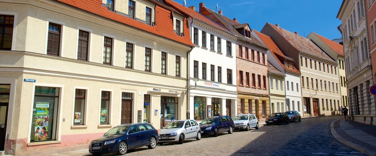 A cobblestone street lined with historic buildings, parked cars, and a clear blue sky.