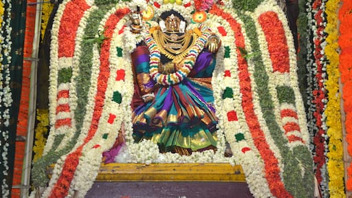 Thiruvarur, Tamilnadu, India - Oct 5th 2025 - A Photography of the Hindu god, Mariamman Ambal Temple brahmotsavam, statue, temple.