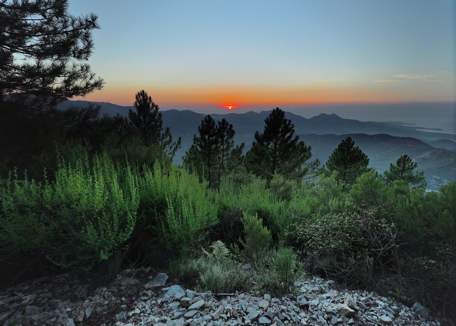 Sunset on the GR20 trekking trail in Corsica.