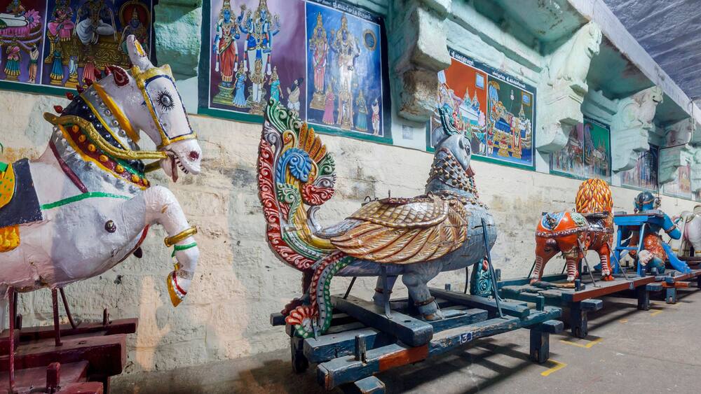 Madurai, Tamil Nadu, India: December 25, 2018: Beautiful sculptures in the Minakshi Sundareshvara Temple, Madurai, Tamilnadu, India