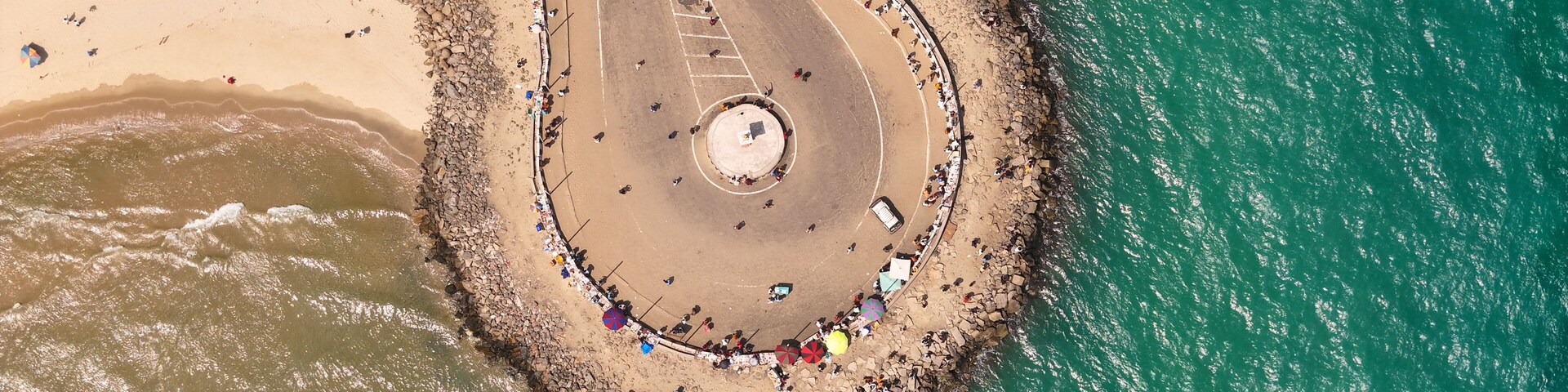 Closeup view of Dhanushkodi via drone Image of Tamil Nadu, India. It's in the Ramanathapuram district on the Pamban Island.