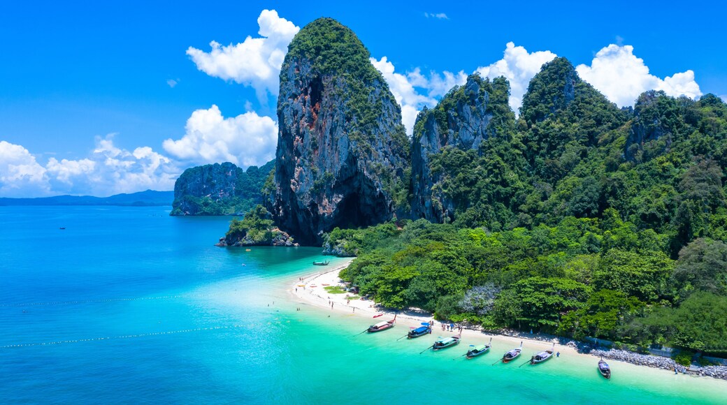 Aerial view Phra Nang Cave Beach with traditional long tail boat on Ao Phra Nang Beach, Railay Bay, Krabi, Thailand.