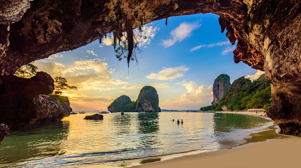 Phra Nang Cave Beach at sunset - Tropical coast scenery of Krabi - Paradise Travel destination in Thailand, Asia