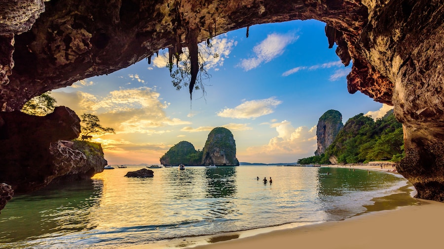 Phra Nang Cave Beach at sunset - Tropical coast scenery of Krabi - Paradise Travel destination in Thailand, Asia