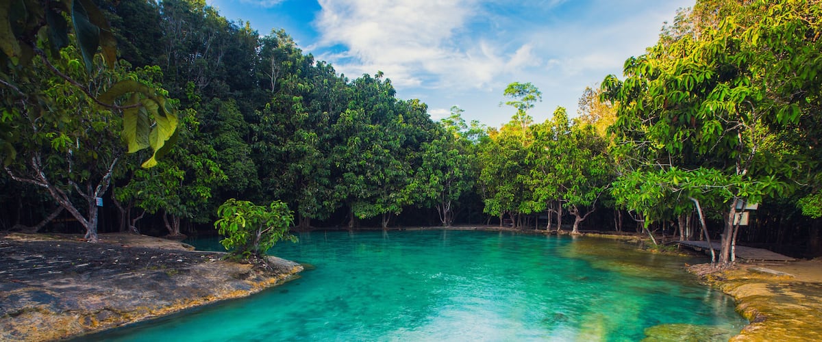 A turquoise river surrounded by dense green foliage and rocky terrain.