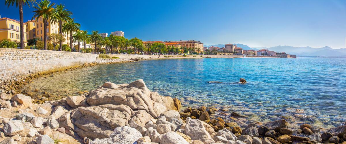 A coastal cityscape with clear waters, rocky shore, palm trees, and historic buildings.