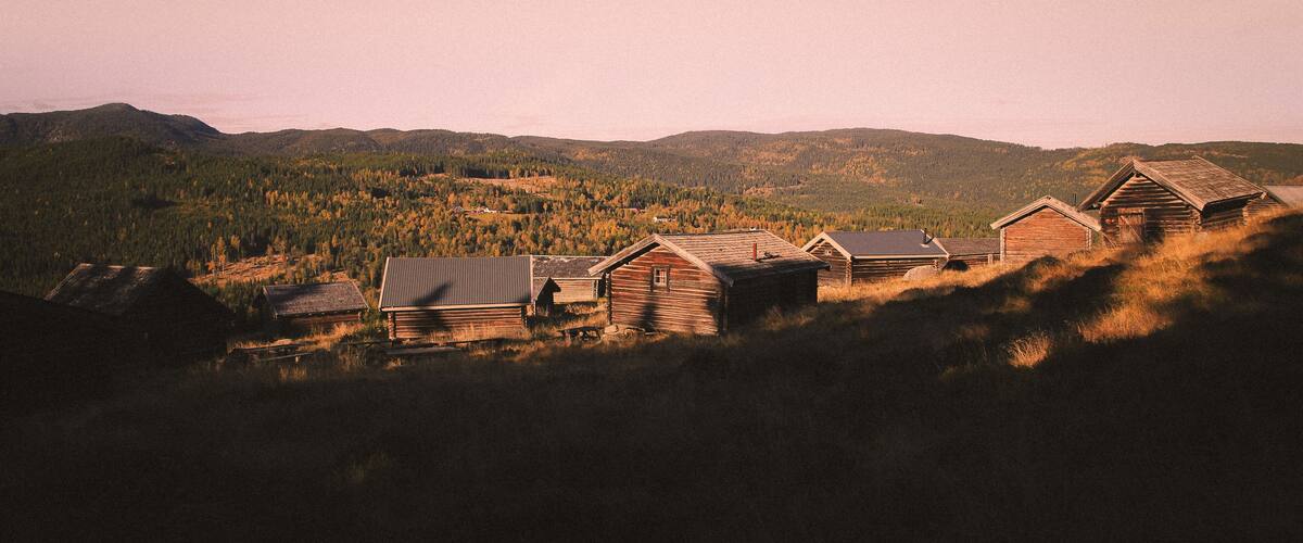 A cluster of wooden cabins in a forested valley with mountains in the background.