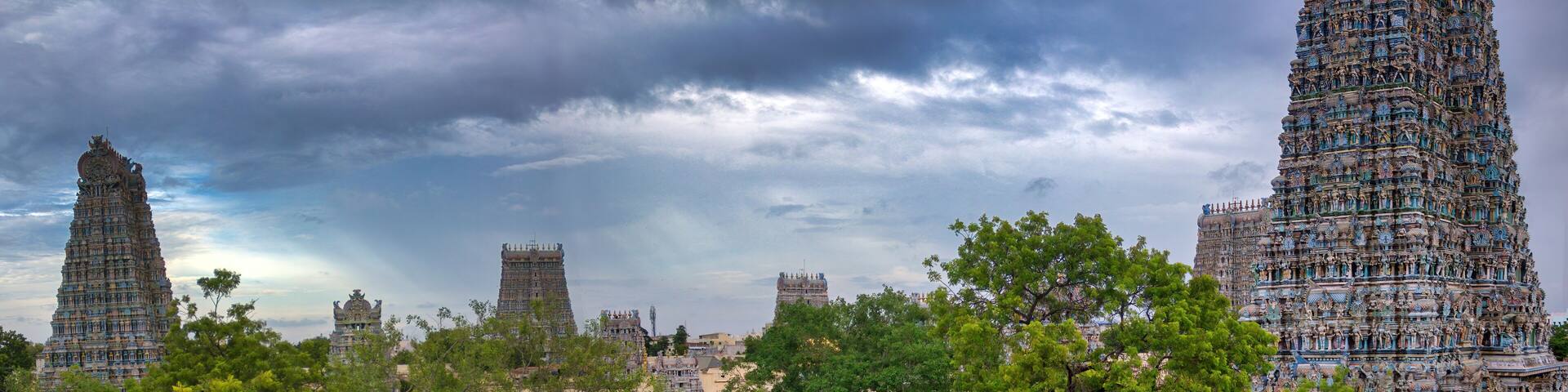 Panoramic shot of the Sri Meenakshi temple, Madurai, Tamil Nadu, India , Wide angle shot of ancient hindu temple