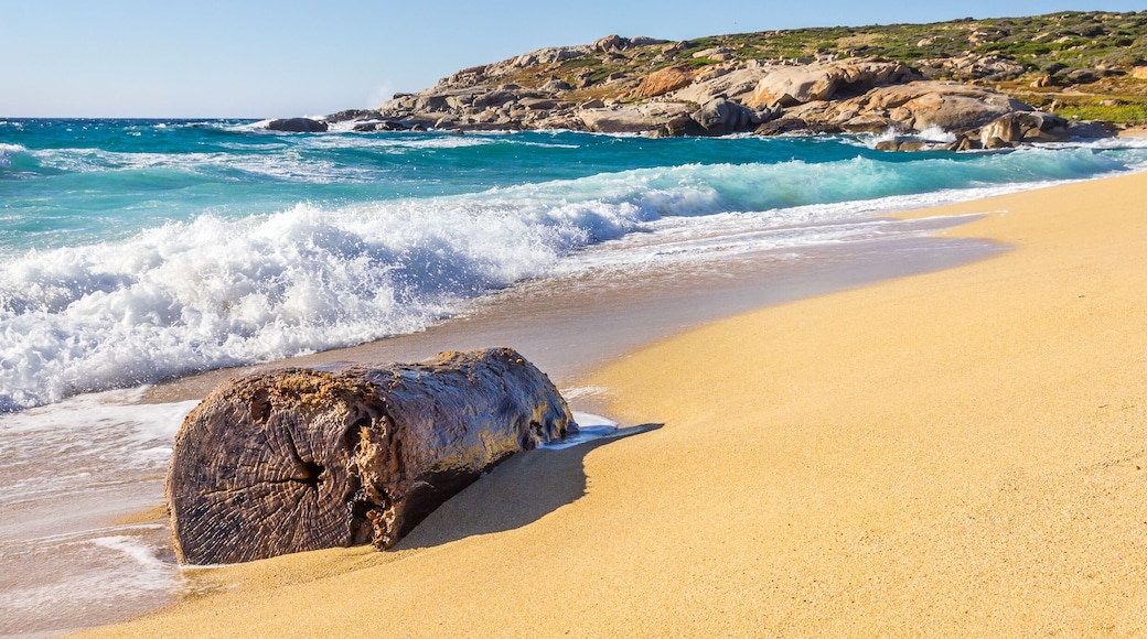 A sandy beach with waves, a large rock, and a rocky coastline.