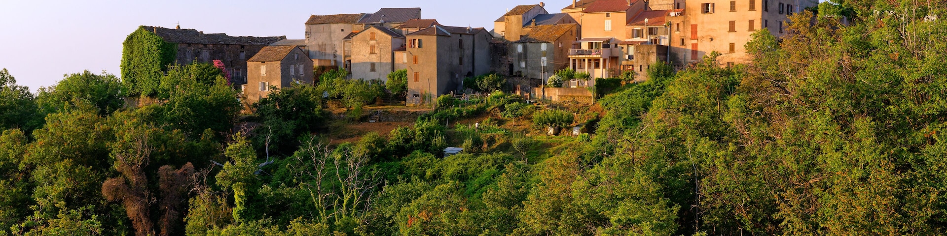 A hillside village with historic buildings and dense green foliage.