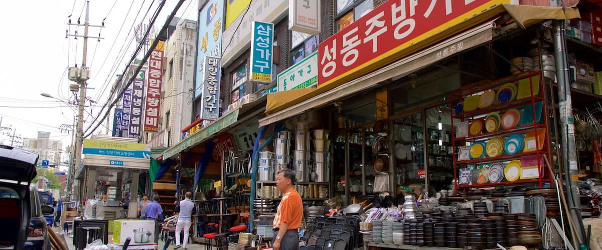 Gwangjang Traditional Market showing signage as well as an individual male