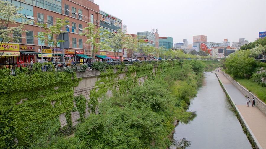 Gwangjang Traditional Market which includes a park, a city and a river or creek