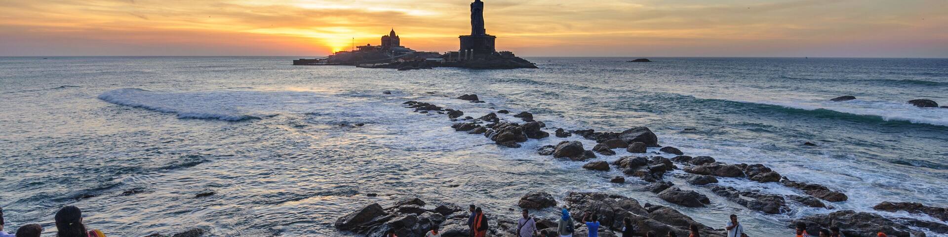 People greet the sunrise in Kanyakumari the southernmost point of the Indian subcontinent, Tamil Nadu, India