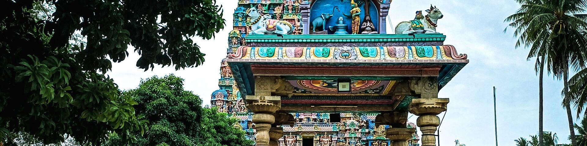 Beautiful view of colorful gopura in the Hindu jumbukeshwarar Temple,thiruvanaikaval,Tamil Nadu, South India.most popular sivan temple