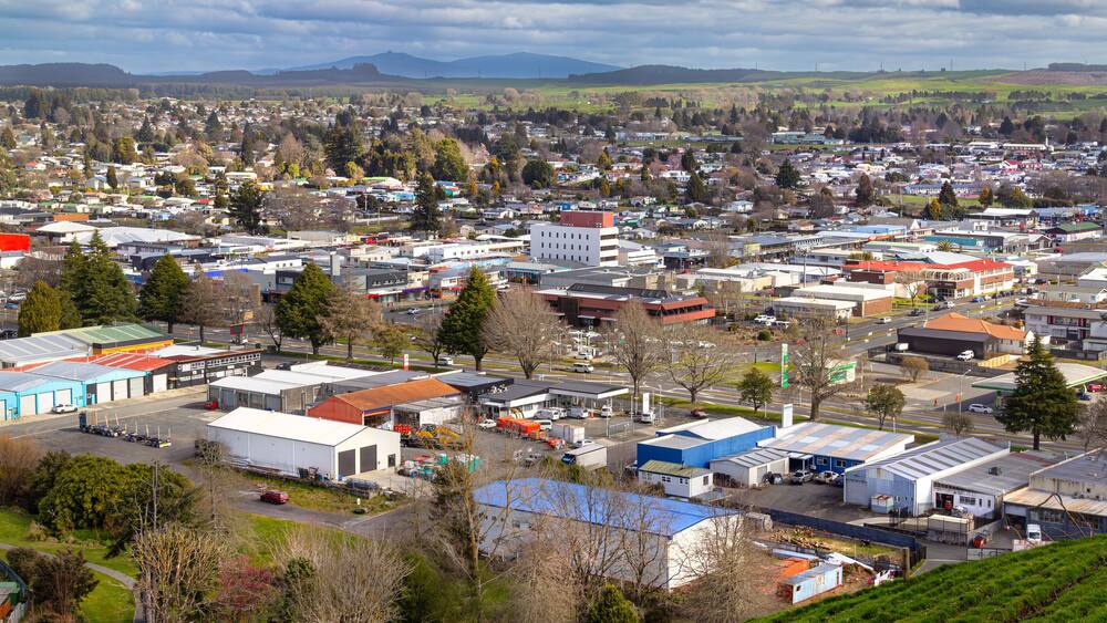Tokoroa, New Zealand. Town in Waikato region, with economy based on timber and farming. View from Colson's hill. Pureora mountains in distance.