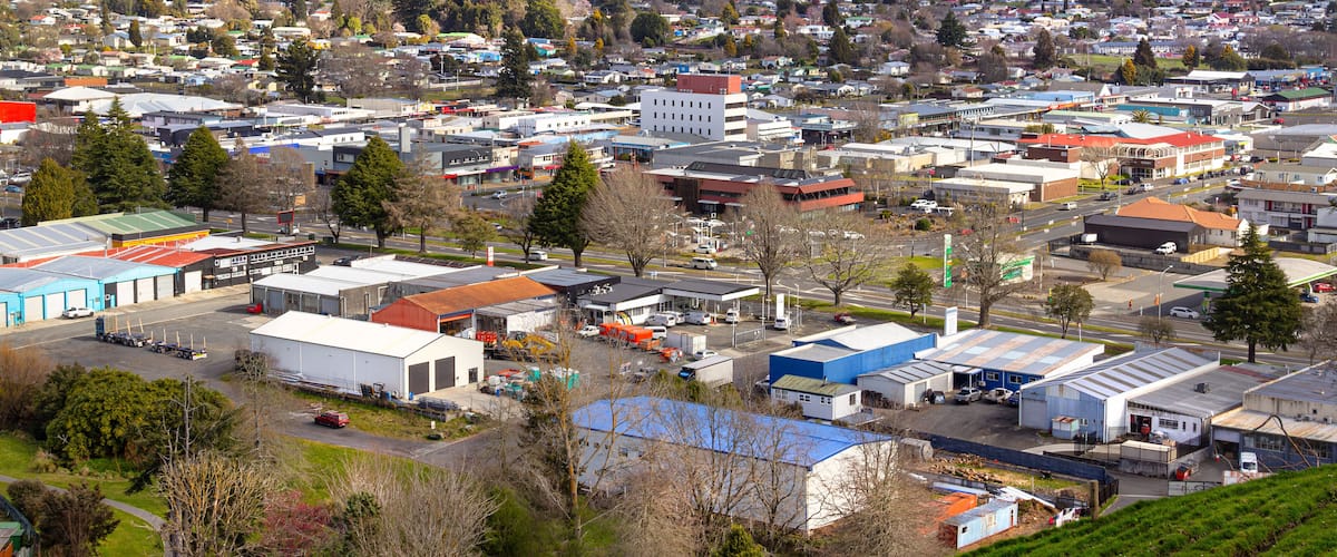 Tokoroa, New Zealand. Town in Waikato region, with economy based on timber and farming. View from Colson's hill. Pureora mountains in distance.