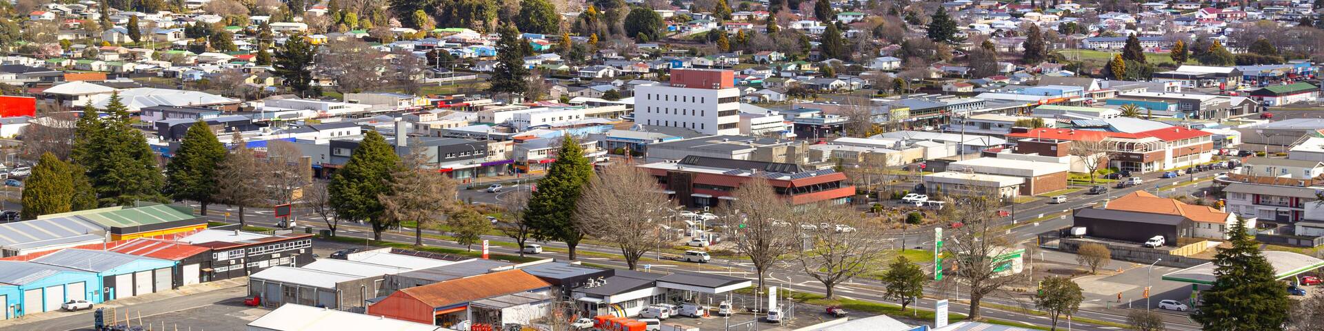 Tokoroa, New Zealand. Town in Waikato region, with economy based on timber and farming. View from Colson's hill. Pureora mountains in distance.