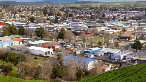 Tokoroa, New Zealand. Town in Waikato region, with economy based on timber and farming. View from Colson's hill. Pureora mountains in distance.