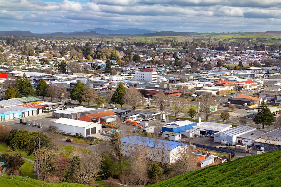 Tokoroa, New Zealand. Town in Waikato region, with economy based on timber and farming. View from Colson's hill. Pureora mountains in distance.