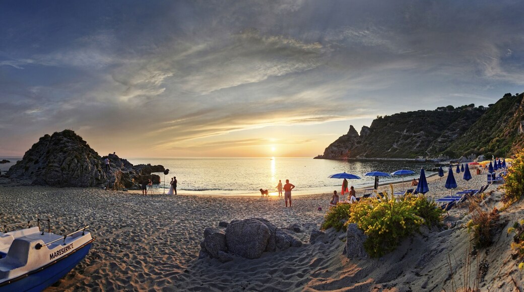Panorama on the sandy beach and bay Capo Vaticano at sunset, Capo Vaticano, Calabria, Italy