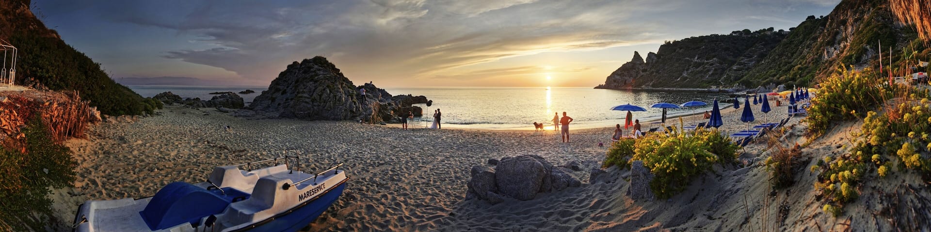 Panorama on the sandy beach and bay Capo Vaticano at sunset, Capo Vaticano, Calabria, Italy