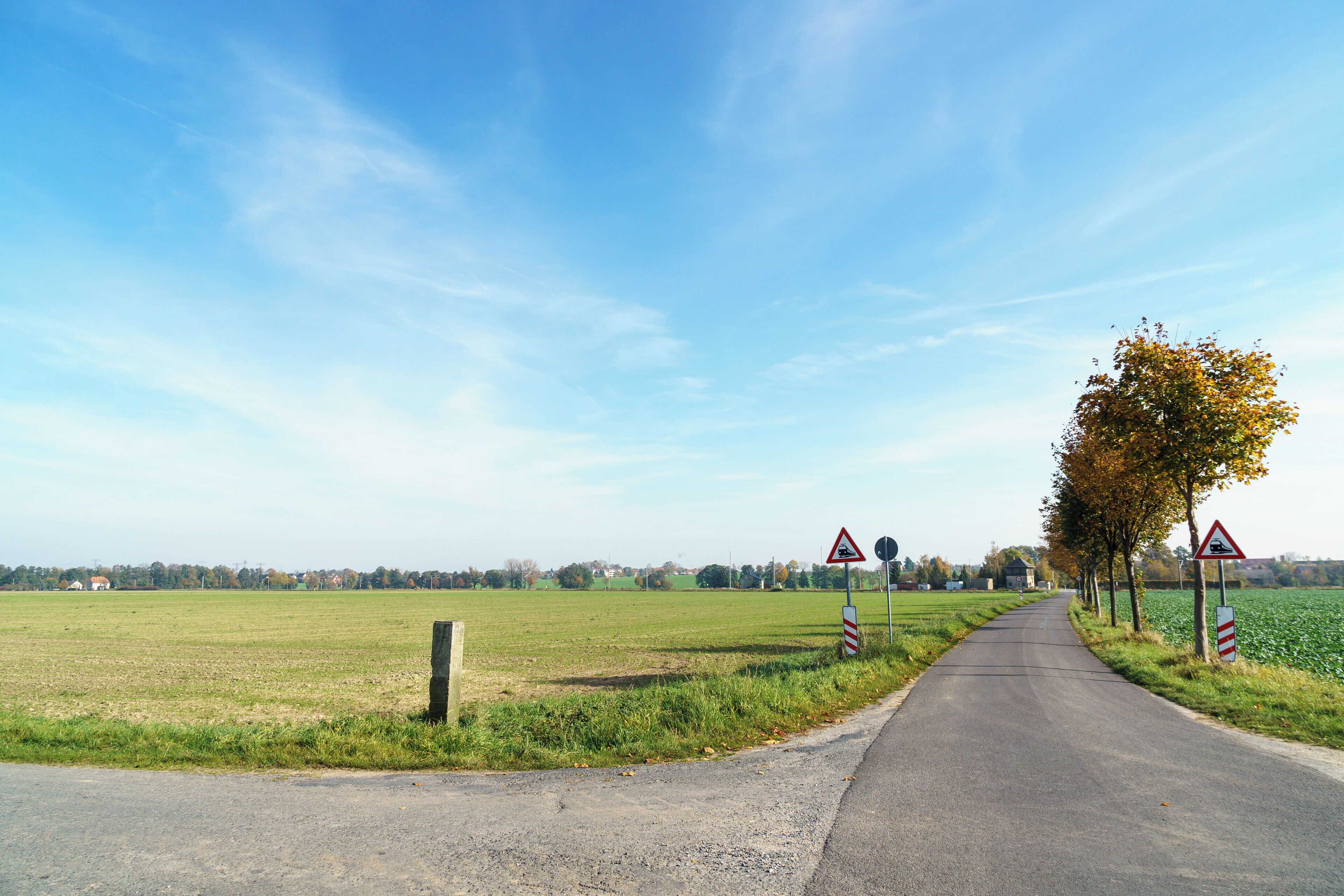 A rural road with warning signs, a tree-lined path, and fields in the distance.