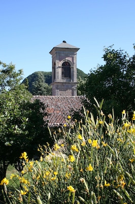 Una torre con una campana, rodeada de árboles y flores amarillas.