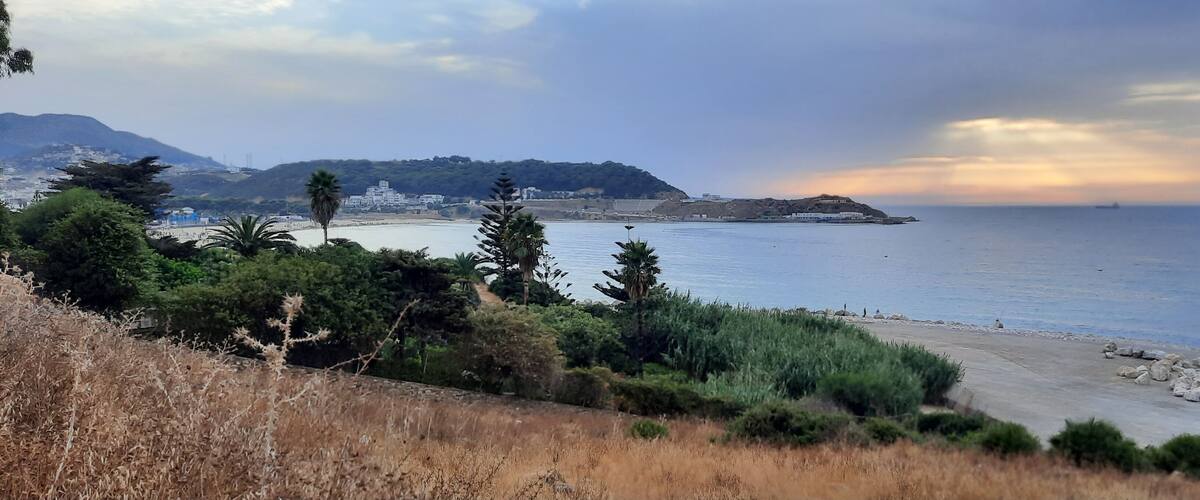 A coastal landscape with a beach, rocky shoreline, and a hill with buildings in the background.