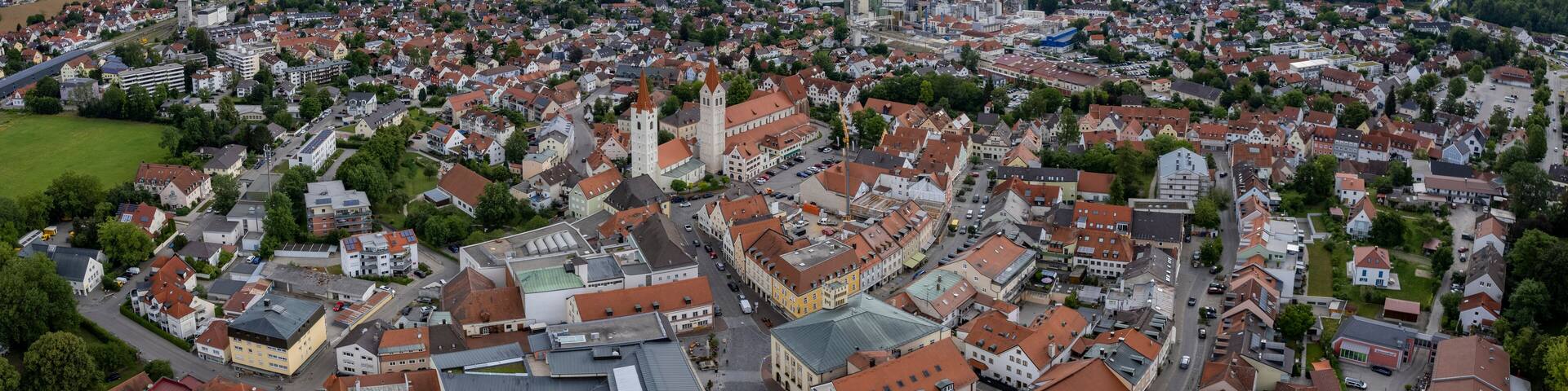 Aerial view around the old town of Moosburg in Germany on a cloudy autumn day
