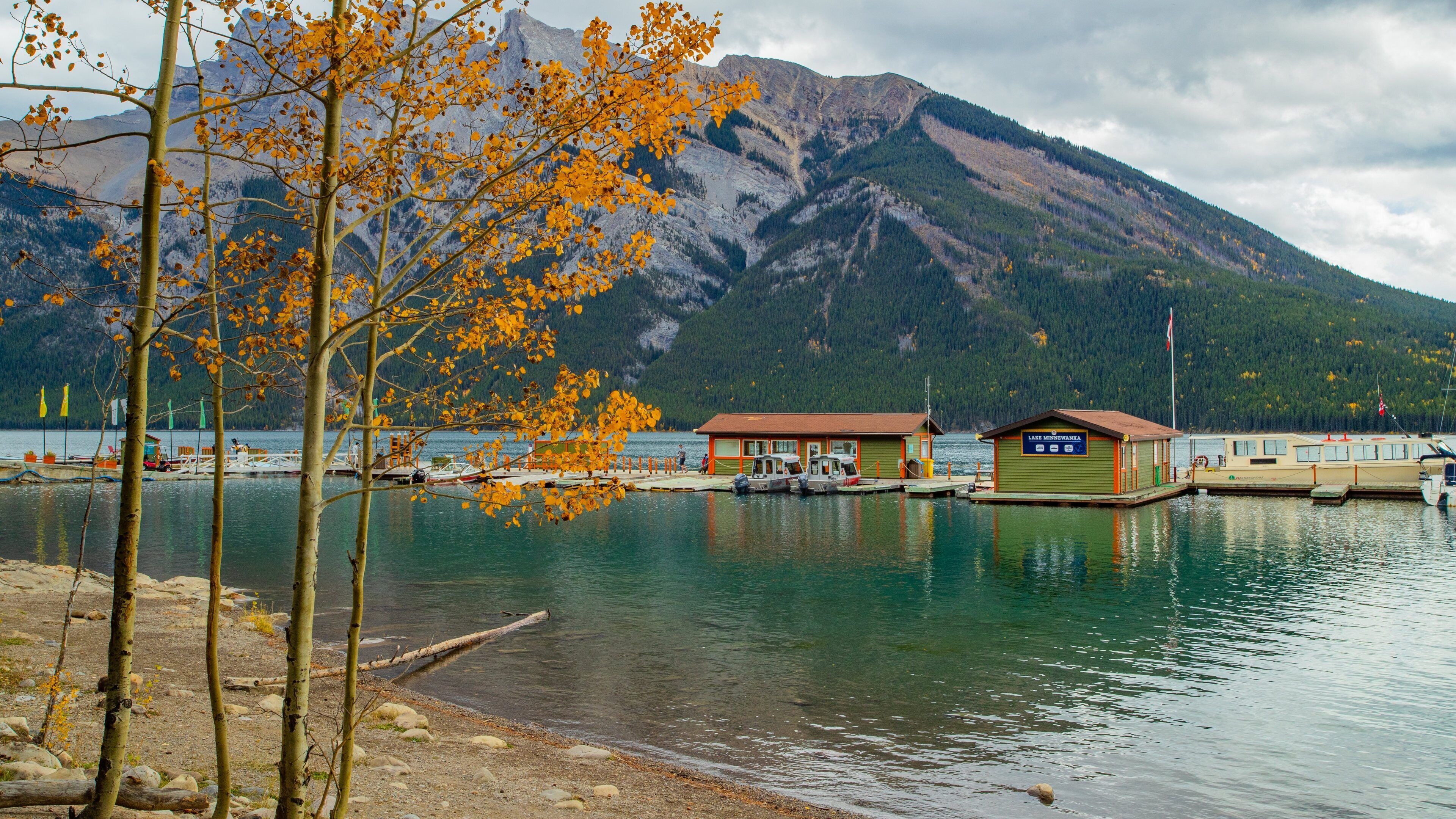A lakeside view with boats, a dock, a cabin, and a mountain in the background.
