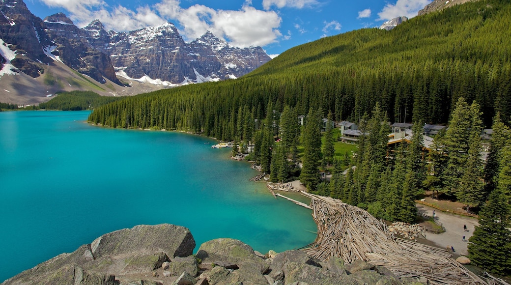 Moraine Lake which includes a lake or waterhole, landscape views and mountains