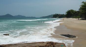 A beach with waves, people, and distant mountains.
