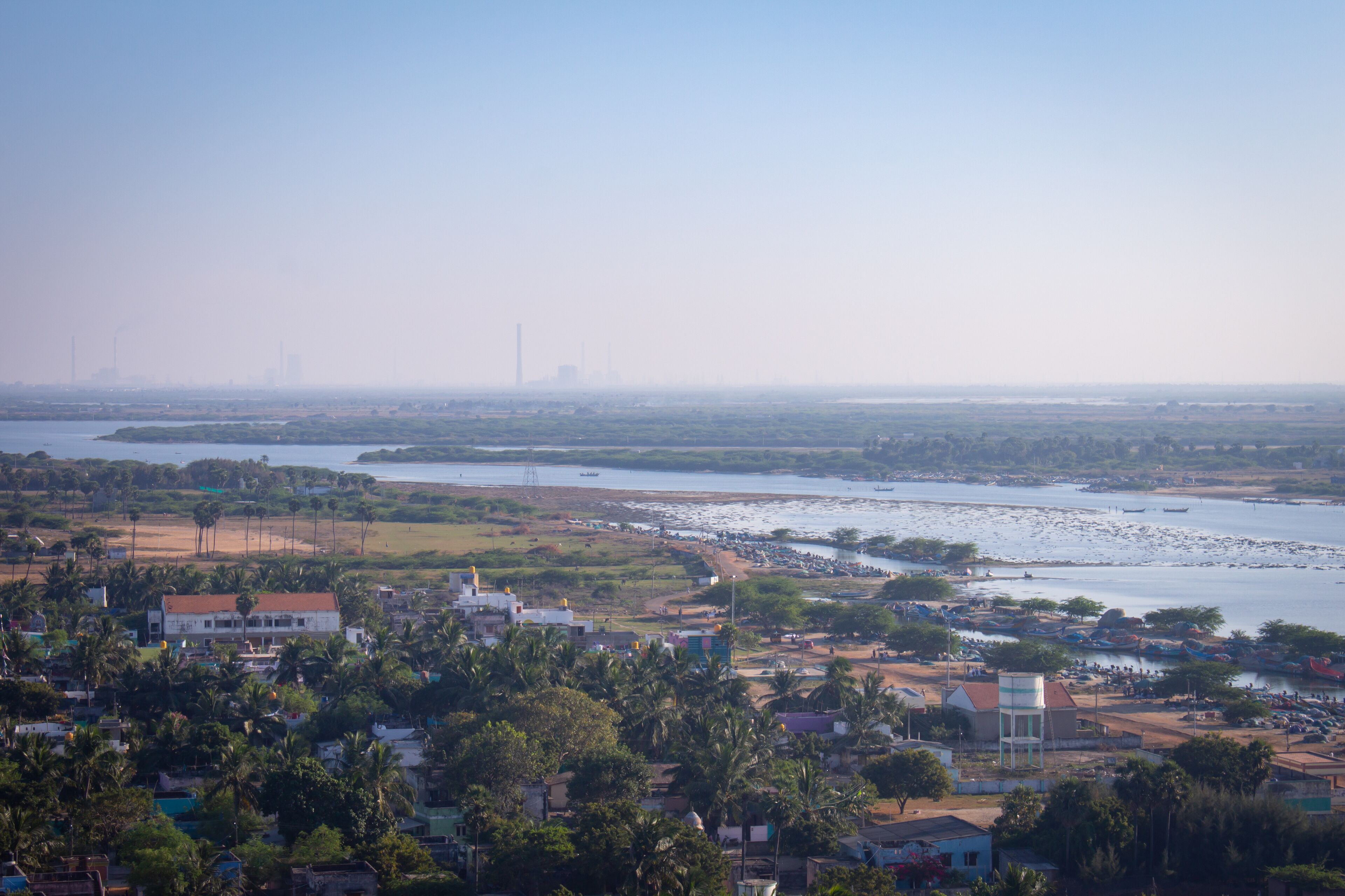 Breathtaking view of Pulicat(also called as Pazhaverkadu) Lagoon, Tamil Nadu, India. Aerial view of Pulicat lake and lagoon with fishing boats stationed around. Pulicat lake is in north of Chennai.