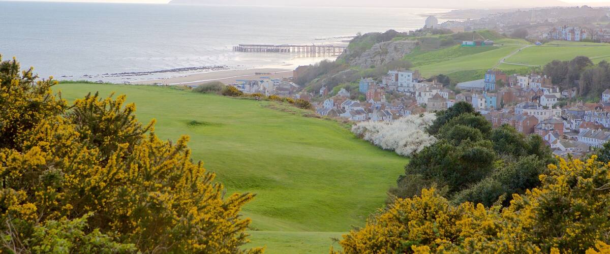 A coastal town with a pier extending into the sea, surrounded by lush greenery and residential buildings.