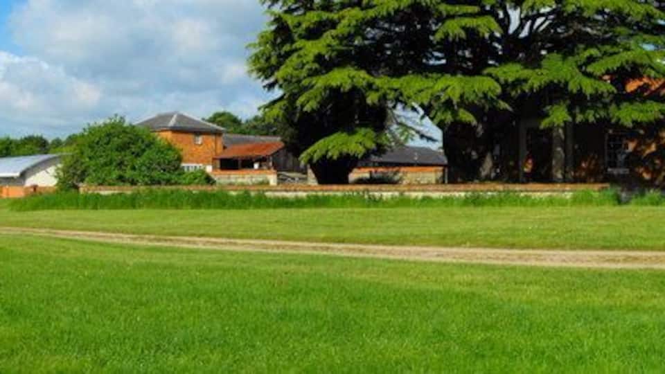 Stacey Hill Farm, Stacey Avenue, Wolverton, Milton Keynes, Buckinghamshire. Built as a model farm in 1848, now converted into Milton Keynes Museum. The farmhouse is behind the large cedar tree on the right of the photo. Across the middle of the view is the retaining wall of a ha-ha. The modern building on the left houses a restored tramcar that used to run between Stony Stratford and Wolverton.