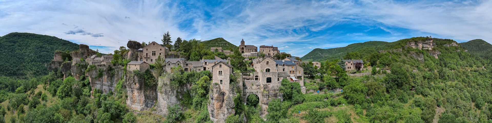 Aerial view of the beautiful french village of Nant in Averyon, Occitanie, France