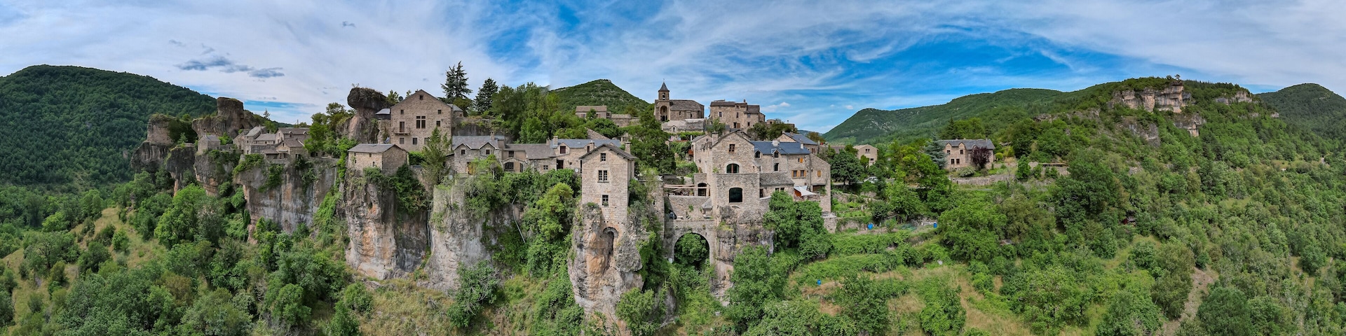 Aerial view of the beautiful french village of Nant in Averyon, Occitanie, France